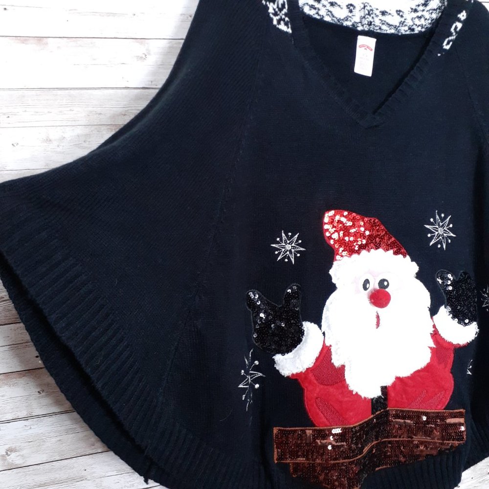 Womens Hooded Christmas Poncho L Santa Sequins Black 992 - Picture 3 of 6